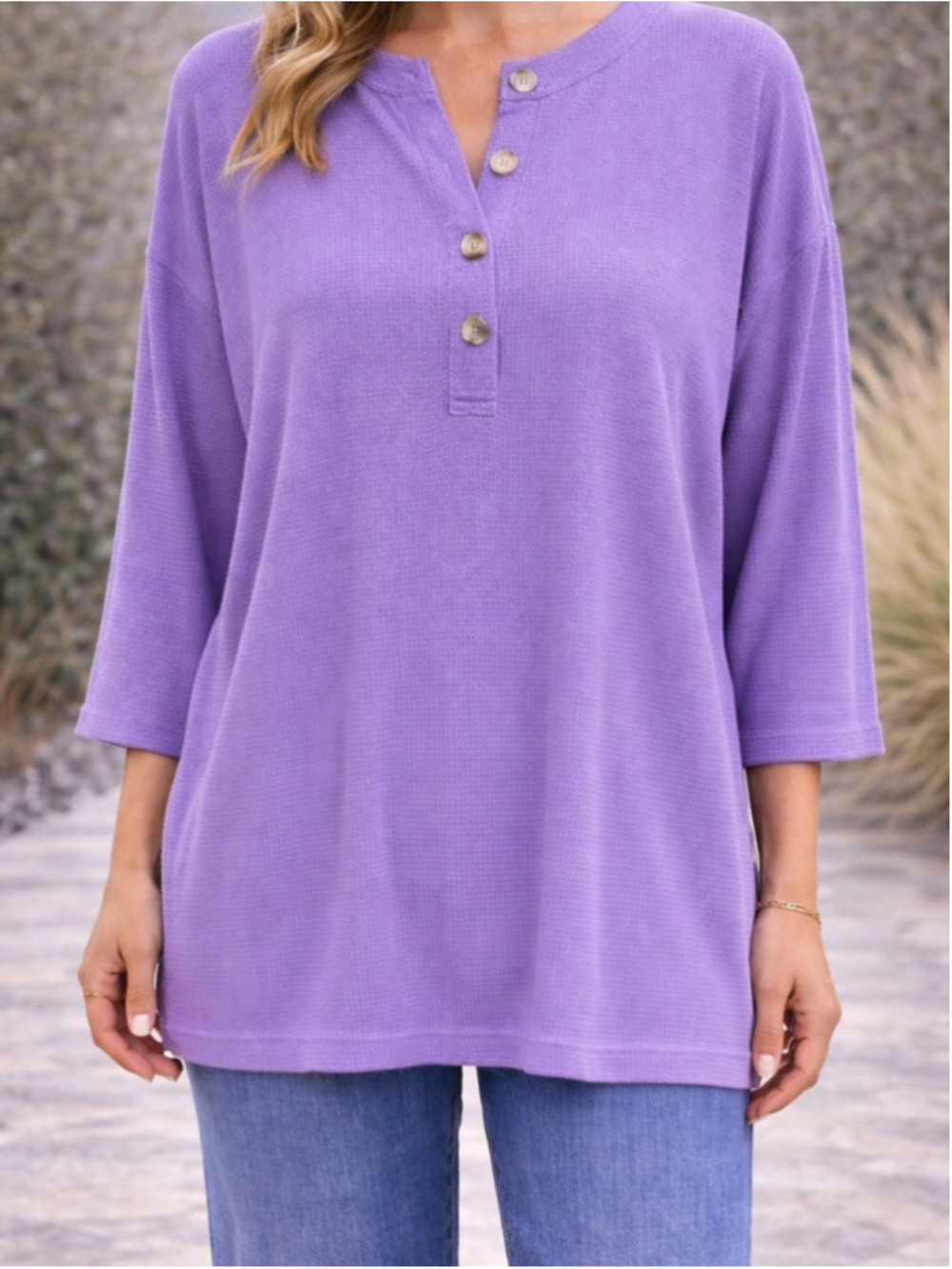 Andrée by Unit Lilac Waffle Knit Henley Top Oversized Boutique Pullover NWT S-XL